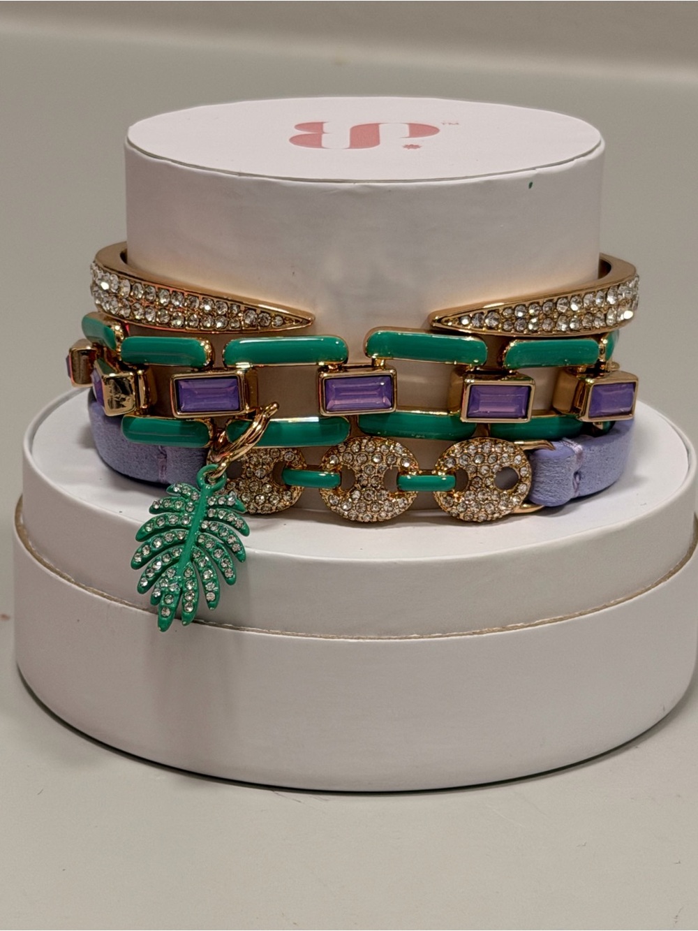 Bomb Party NWT! “Emerald Envy” Gold-Tone Green & Lavender Bracelet Stack